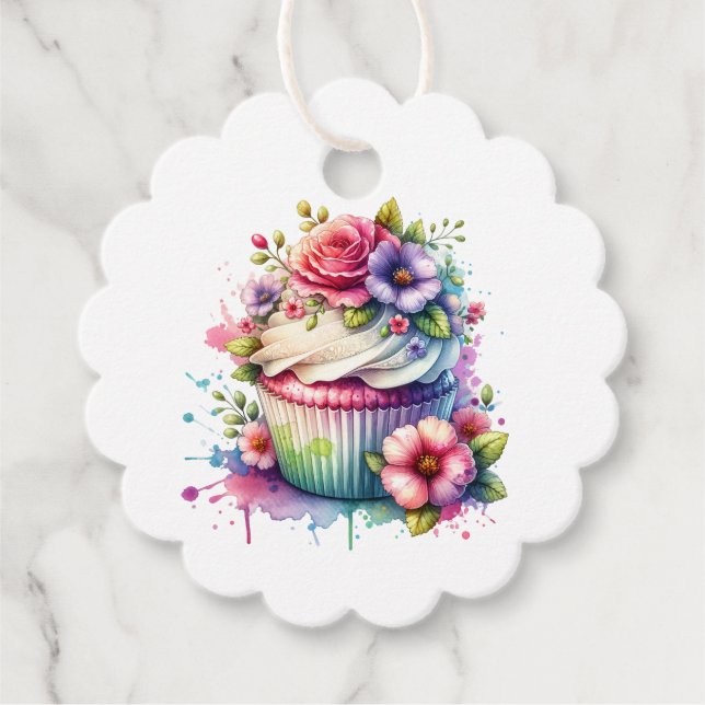 Étiquettes Cadeau Shabby Chic Floral Anniversaire Cupcake De et vers (Devant)