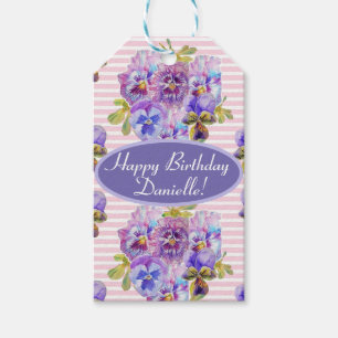 Étiquettes-cadeau Shabby Pansy Rose Floral Party Purple Stripe