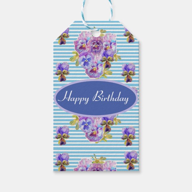 Étiquettes-cadeau Shabby Pansy Rose Floral Party Purple Stripe Cadea (Devant)