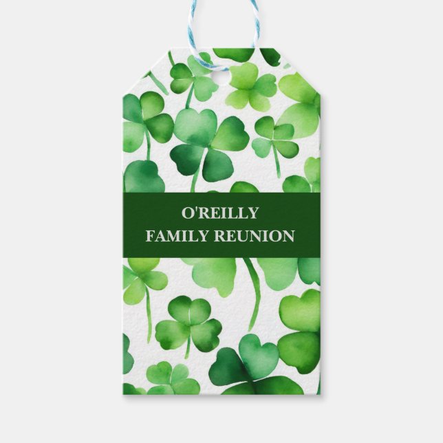 Étiquettes-cadeau Shamrock d'aquarelle du nom de famille irlandais (Devant)