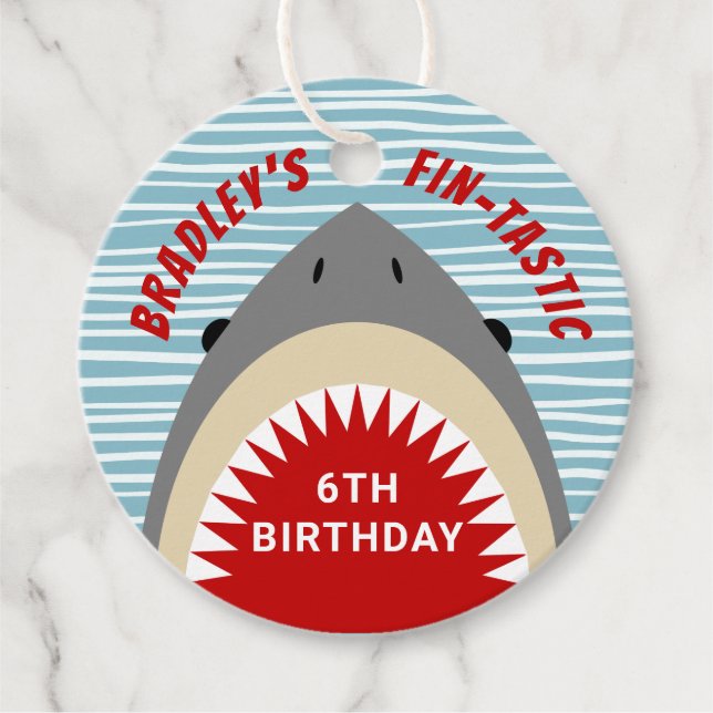 Étiquettes Cadeau Shark Bite N'Importe Quel Âge Anniversaire Fête Fa (Devant)