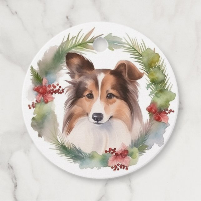 Étiquettes Cadeau Shetland Sheepdog Christmas Wreath Festive Pup (Devant)
