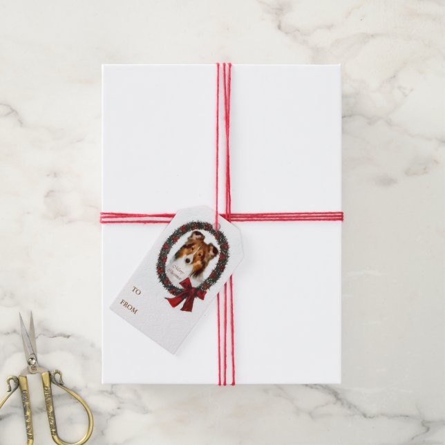 Étiquettes-cadeau Shetland Sheepdog - couronne de Noël (Avec de la ficelle)