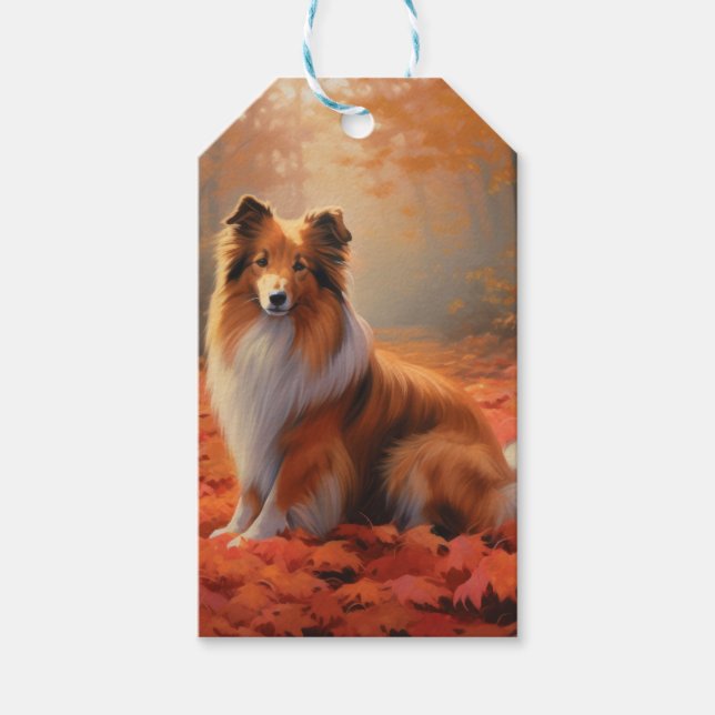 Étiquettes-cadeau Shetland Sheepdog en automne Feuilles automne Insp (Devant)
