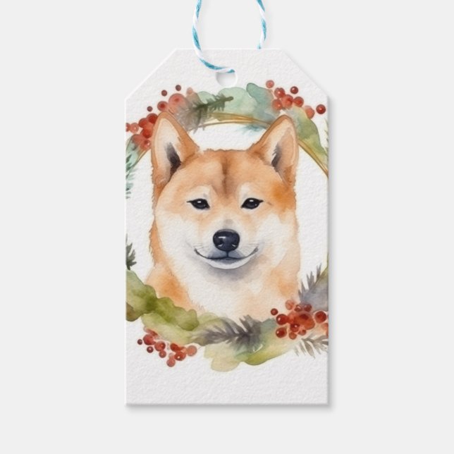 Étiquettes-cadeau Shiba Inu Festive de la couronne de Noël Coupe (Devant)