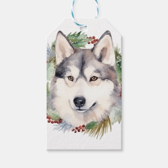Étiquettes-cadeau Sibérie Husky Christmas Wreath Festive Pup (Devant)