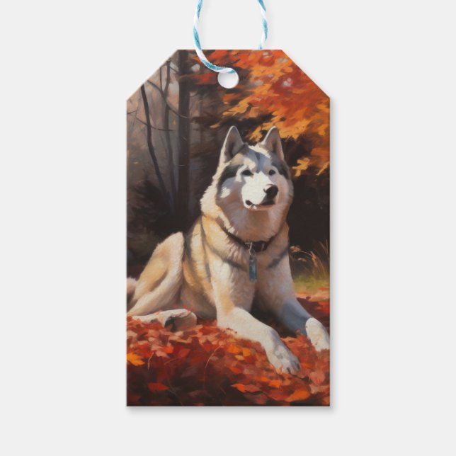 Étiquettes-cadeau Sibérie Husky en automne Feuilles automne Inspire  (Devant)