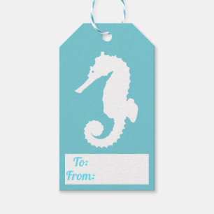 Étiquettes-cadeau Silhouette blanche côtière d'hippocampe et bleu