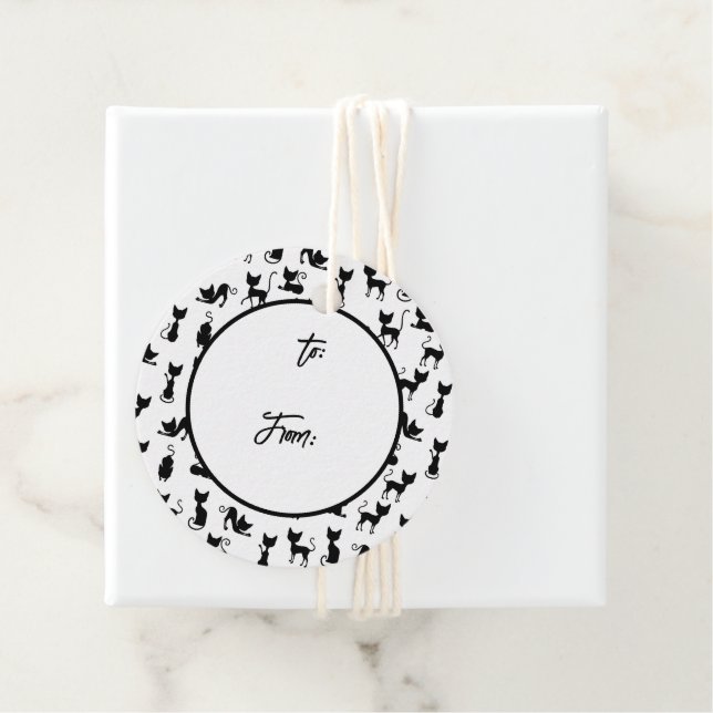 Étiquettes Cadeau Silhouette de chat noir et blanc (En situation)