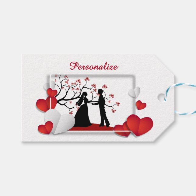 Étiquettes-cadeau Silhouette de couple romantique avec des cœurs rou (Devant (Horizontal))