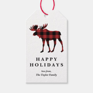 Étiquettes-cadeau Silhouette d'orignal de Noël Plaid Buffalo rouge