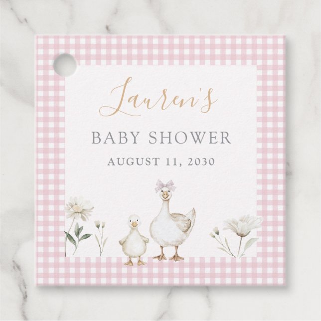Étiquettes Cadeau Silly Goose Whimsical Bow rose Baby Girl Douche (Devant)