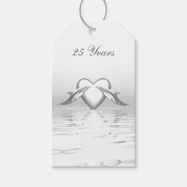 Étiquettes-cadeau Silver Anniversary Dolphins et Heart (Devant)