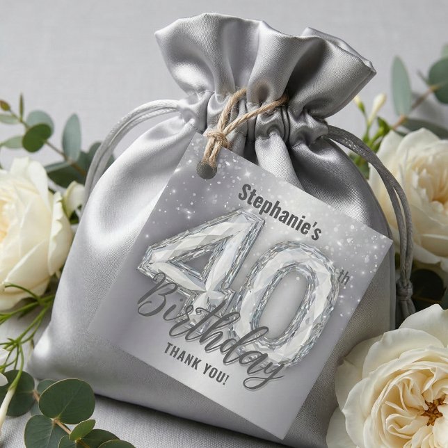 Étiquettes Cadeau Silver Diamond Look 40th Birthday Thank You (Créateur téléchargé)