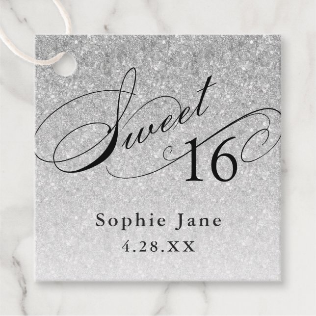 Étiquettes Cadeau Silver Glam Parties scintillant Sweet 16 Personnal (Devant)