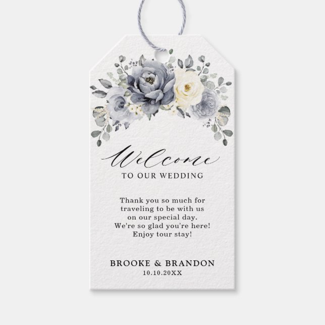 Étiquettes-cadeau Silver Grey Ivory Floral Winter Wedding Bienvenue (Devant)