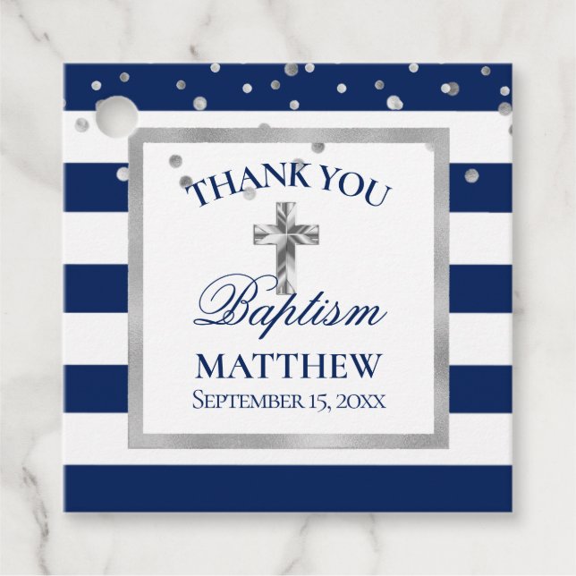 Étiquettes Cadeau Silver Navy Blue Stripes Baptême Ceremony Boy (Devant)