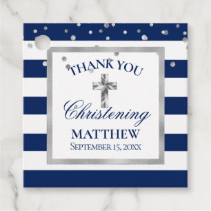 Étiquettes Cadeau Silver Navy Blue Stripes Cérémonie de baptême Garç