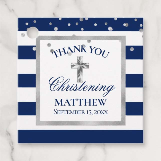 Étiquettes Cadeau Silver Navy Blue Stripes Cérémonie de baptême Garç (Devant)
