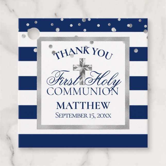 Étiquettes Cadeau Silver Navy Blue Stripes Premier Saint Communion G (Devant)