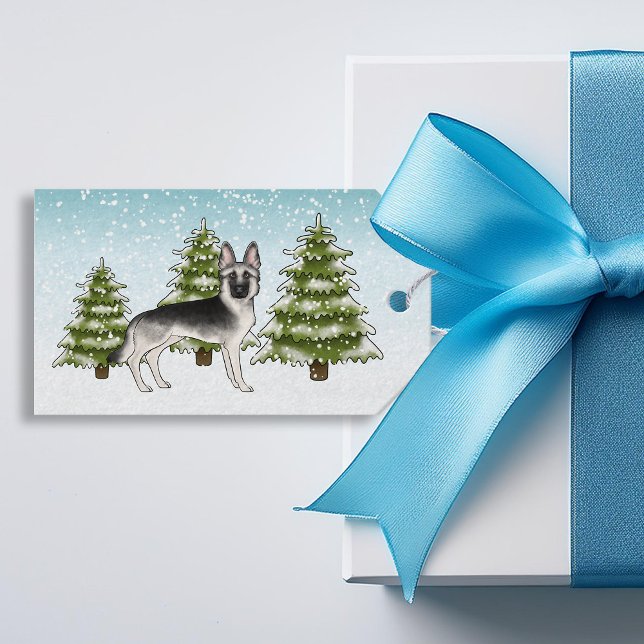 Étiquettes-cadeau Silver Sable Allemand Berger Bleu hiver Noël (Front)