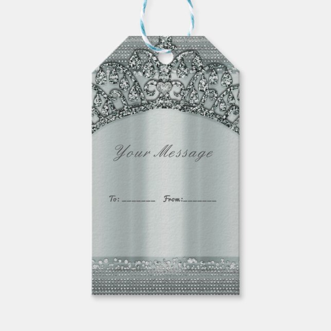 Étiquettes-cadeau Silver Tiara Crown & Diamond Bling Party Favoriser (Devant)