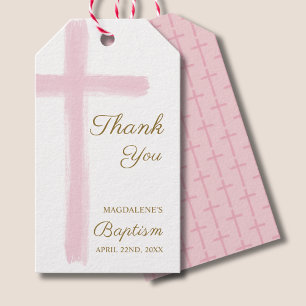 Étiquettes-cadeau Simple aquarelle croix rose merci baptême