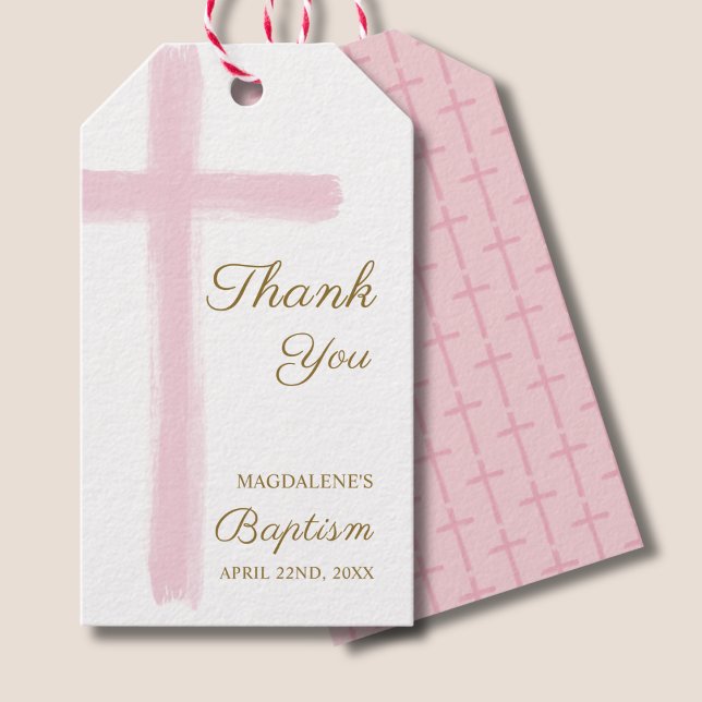 Étiquettes-cadeau Simple aquarelle croix rose merci baptême (Créateur téléchargé)