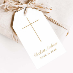 Étiquettes-cadeau Simple baptême croix script or