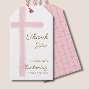 Étiquettes-cadeau Simple Croix Rose Merci Baptême