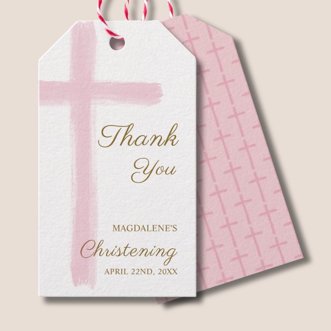 Étiquettes-cadeau Simple Croix Rose Merci Baptême (Créateur téléchargé)