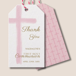 Étiquettes-cadeau Simple Croix Rose Merci Première Sainte Communion