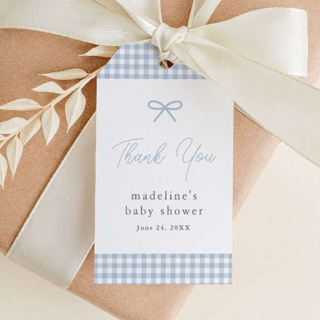 Étiquettes-cadeau Simple Dusty Bleu En vichy Garçons Baby shower Fav (Dusty blue bow gingham boys baby shower favor tags.)
