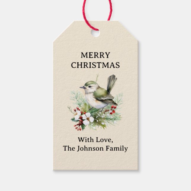 Étiquettes-cadeau Simple élégant Noël Floral Bird (Devant)