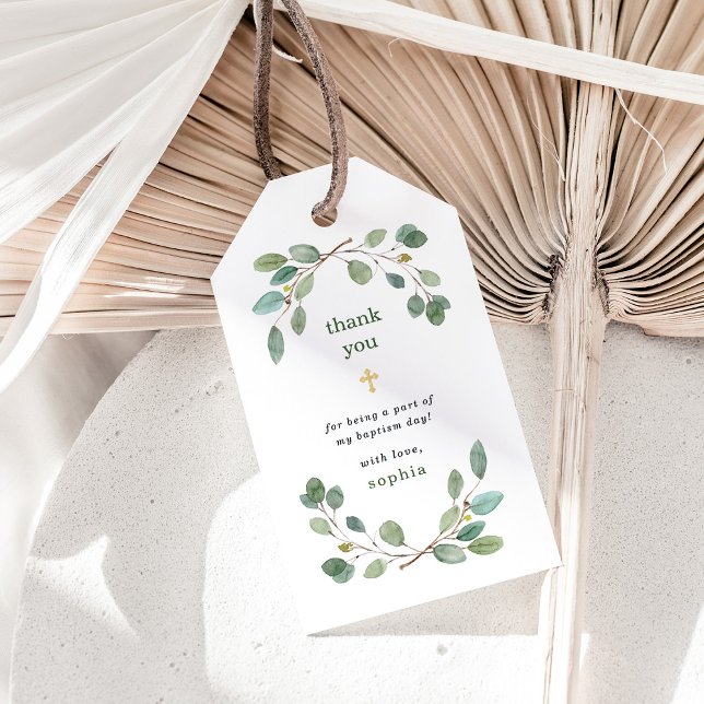 Étiquettes-cadeau Simple Eucalyptus Verdure et Croix d'or Baptême (Créateur téléchargé)