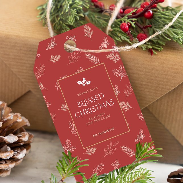 Étiquettes-cadeau Simple Feuilles blancs d'hiver Mistletoe rouge (Créateur téléchargé)