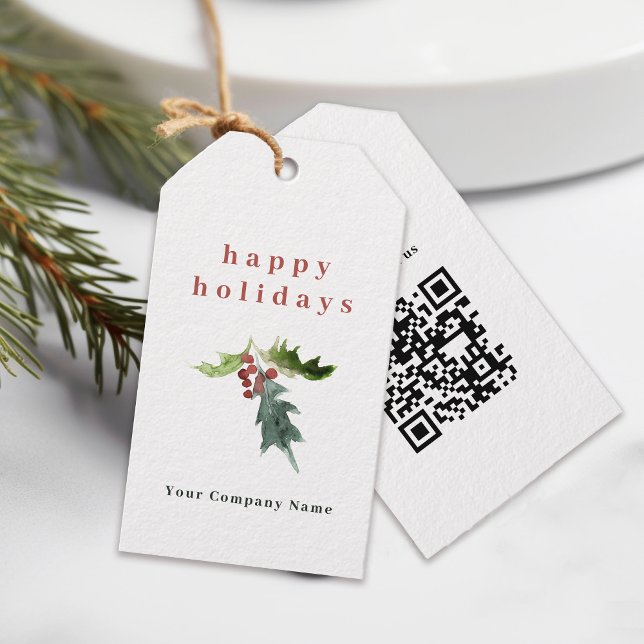 Étiquettes-cadeau Simple Holly Berries Code QR Corporate Holiday (Créateur téléchargé)