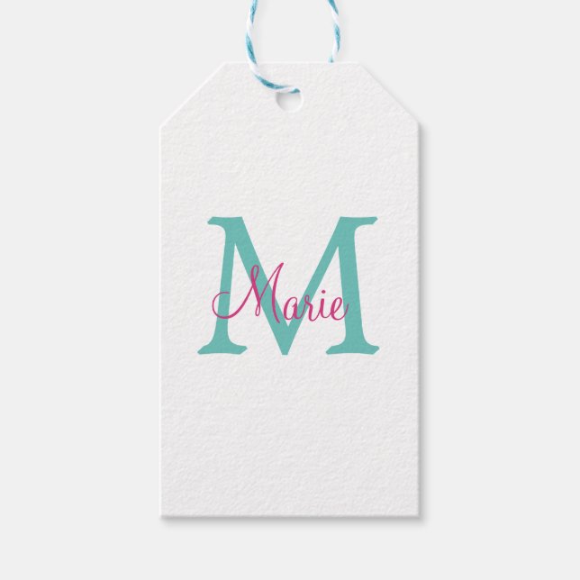 Étiquettes-cadeau simple minimal ajouter nom monogramme vert rose bl (Devant)