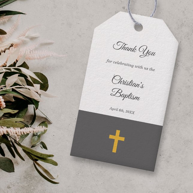 Étiquettes-cadeau Simple, Noir avec un Merci Baptême de Croix d'Or (Black with a Gold Cross Baptism Thank You Gift Tags)