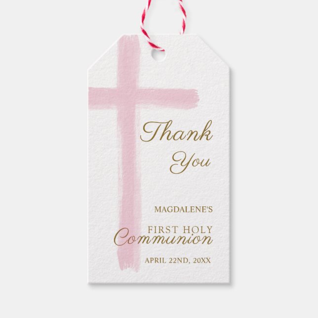 Étiquettes-cadeau Simple Pink Cross Thank You First Holy Communion (Devant)