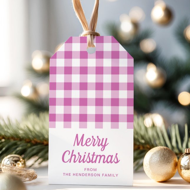 Étiquettes-cadeau Simple Pink Plaid Script Joyeux Noël (Simple Pink Plaid Script Merry Christmas Gift Tags)