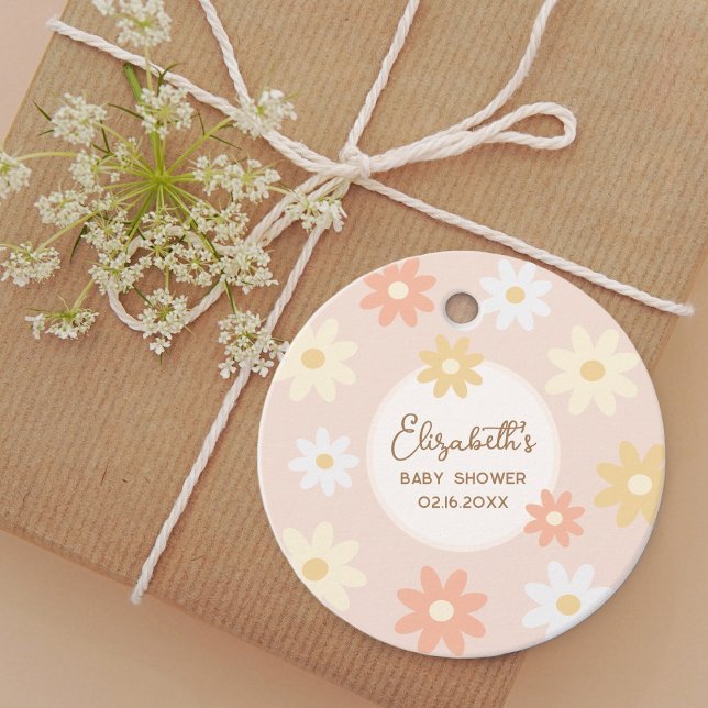 Étiquettes Cadeau Simple Retro Chic Boho Daisy Baby shower fille (Créateur téléchargé)