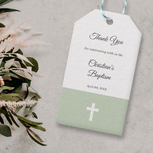 Étiquettes-cadeau Simple, vert avec un Merci de baptême croisé