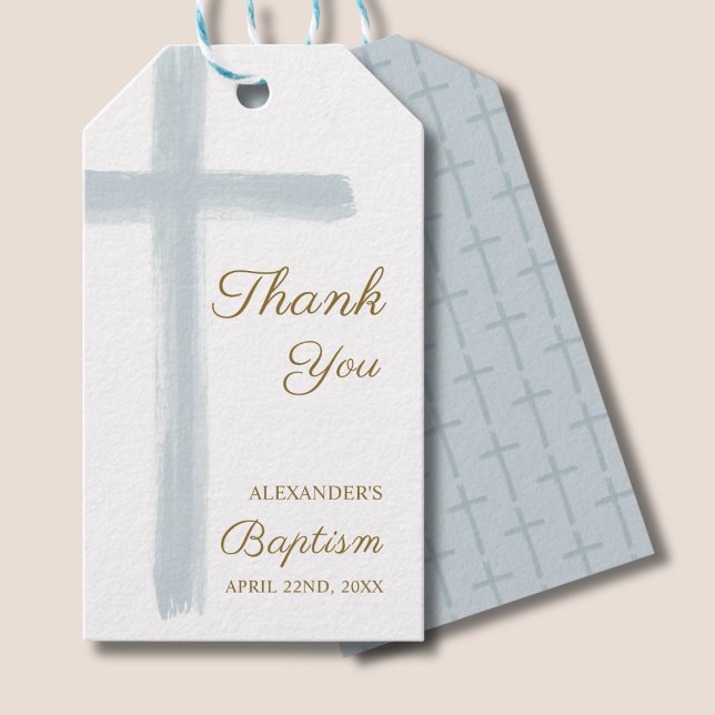 Étiquettes-cadeau Simple Watercolor Blue Cross Thank You Baptism (Créateur téléchargé)