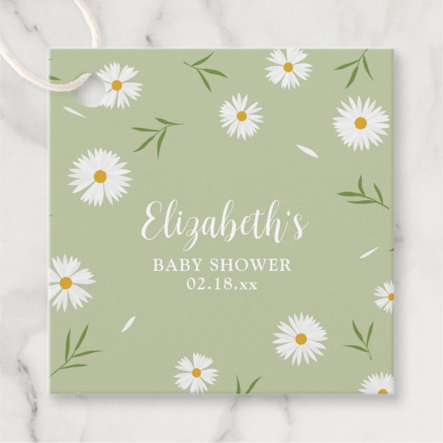Étiquettes Cadeau Simples marguerites blanches Baby shower verdoyant (Devant)