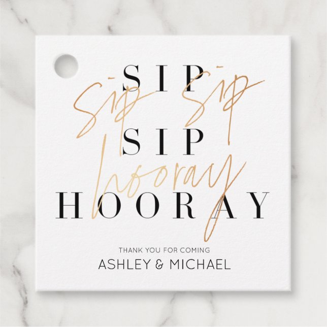 Étiquettes Cadeau Sip Sip Hoooray Black White & Gold Modern Favorise (Devant)