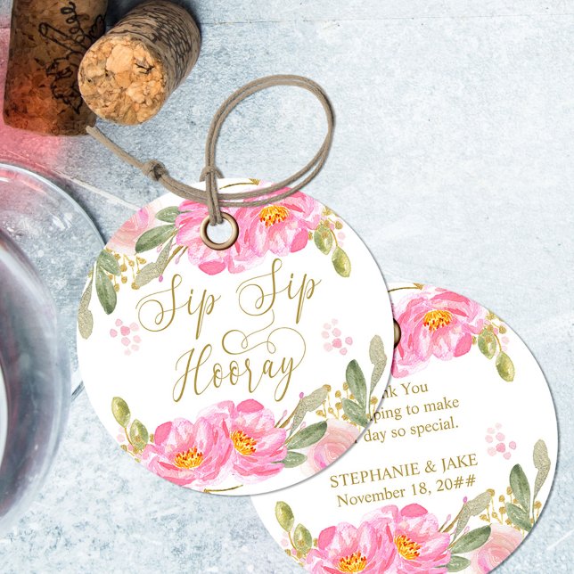 Étiquettes Cadeau Sip Sip Hooray Fard Rose Gold Aquarelle Floral (Sip Sip Hooray thank you tag from my Pink and Gold Watercolor Floral Collection)