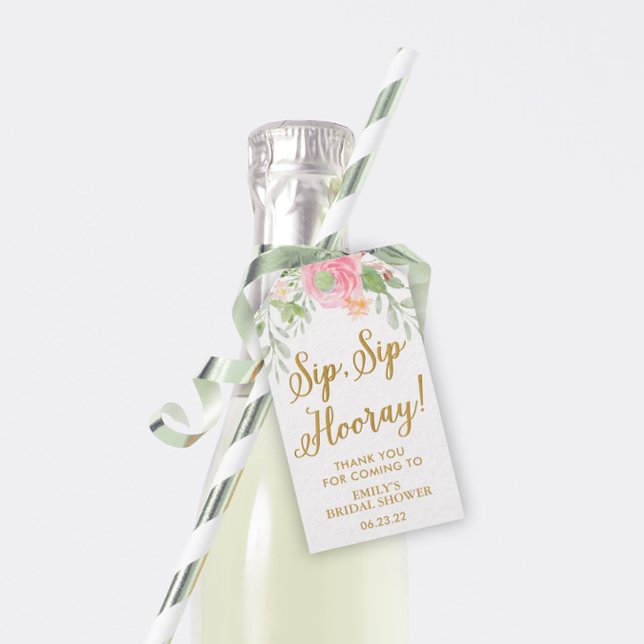 Étiquettes-cadeau Sip Sip Hooray rose Fête des mariées Florale Vin (Créateur téléchargé)