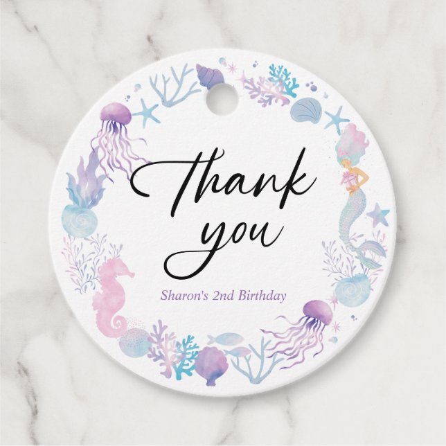 Étiquettes Cadeau Sirène D'Aquarelle Sous Le Merci De Mer (Devant)