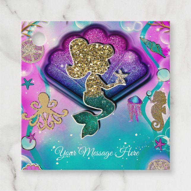 Étiquettes Cadeau Sirène Pailletée Or Tenant une Étoile de Mer Anniv (Devant)